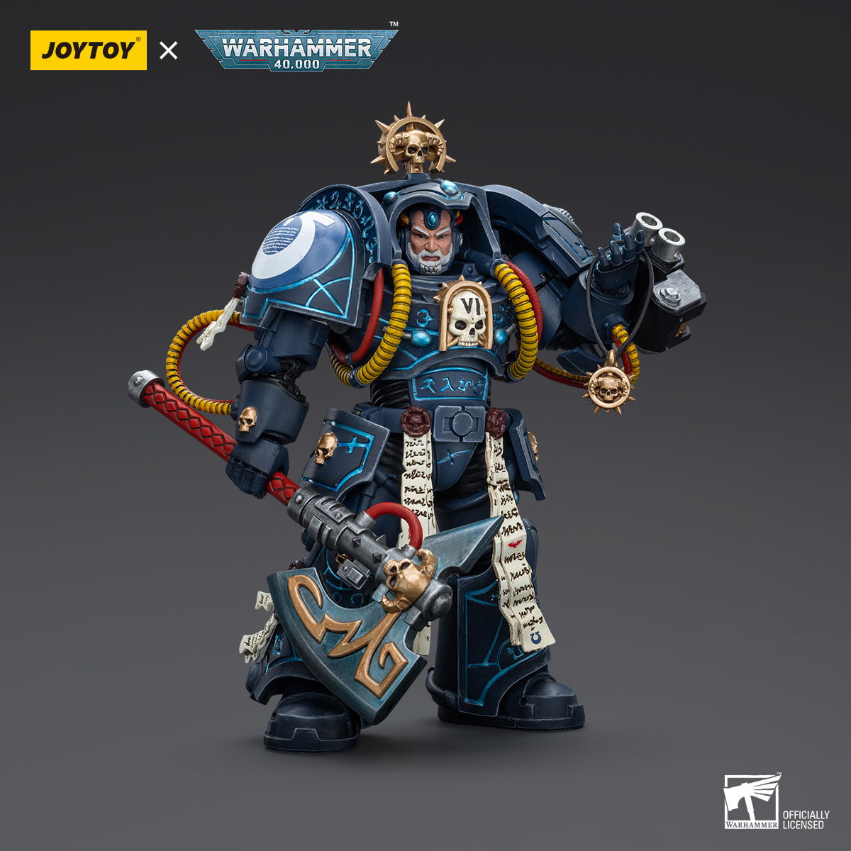 Ultramarines Librarian in Terminator Armour, front view. Power armor with psychic hood, Librarian symbols, and detailed Ultramarines Chapter insignia.