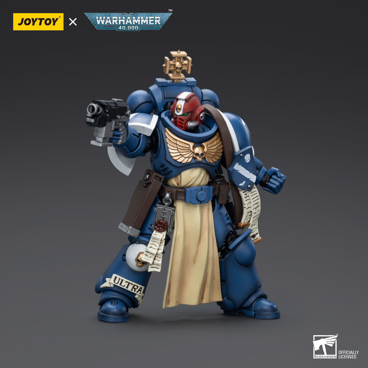 Ultramarines Sternguard Veteran Sergeant action figure in battle stance, raising his right hand with a pistol aimed at the enemy, showcasing dynamic action and detailed armor design