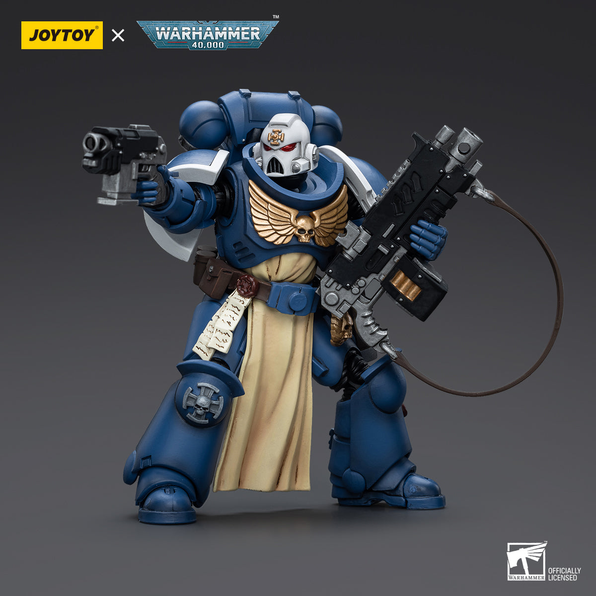 Side view of Ultramarines Sternguard Veteran, with both hands holding a Auto Bolt Rifle