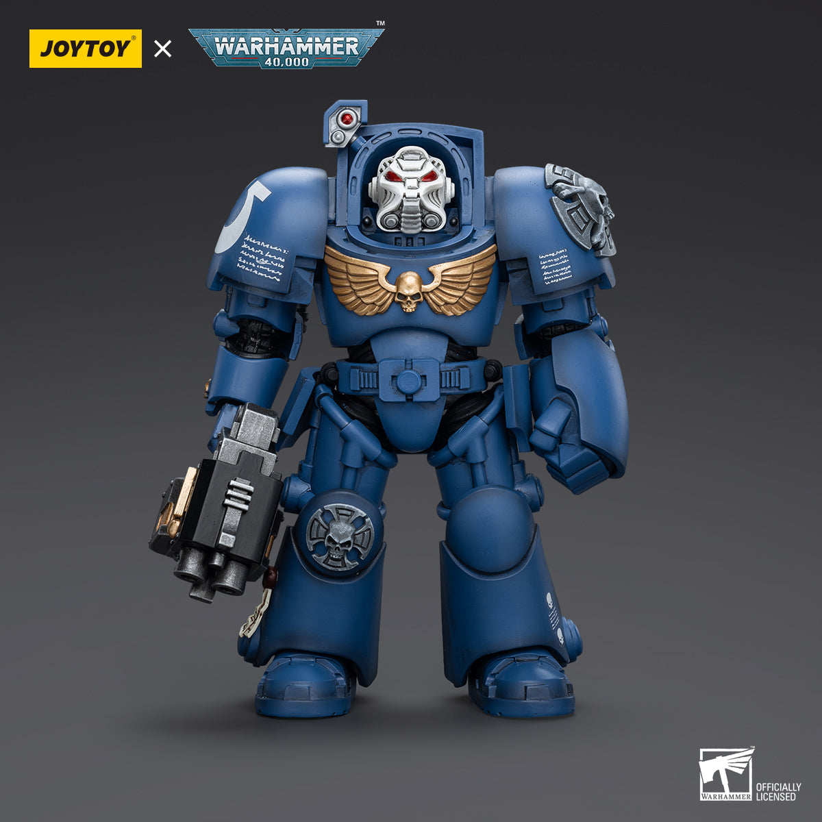 Ultramarines Terminator with Storm Bolter, front view. Powerful Terminator armor with detailed shoulder pads, storm bolter, and chapter insignia clearly visible.