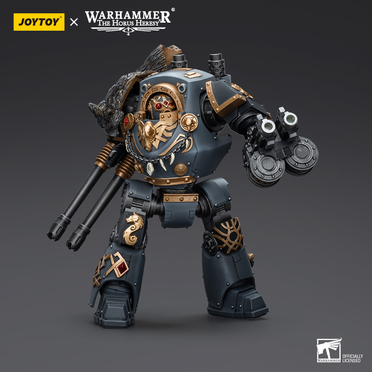 Space Wolves Contemptor Dreadnought in combat stance, gripping the Gravis Bolt Cannon with both arms, ready to unleash firepower on the battlefield.