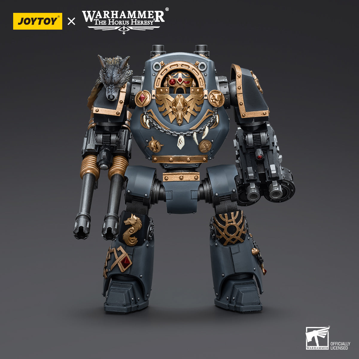 Space Wolves Contemptor Dreadnought with Gravis Bolt Cannon, front view. The formidable Dreadnought in full armor, with the Gravis Bolt Cannon aimed forward, ready for battle.