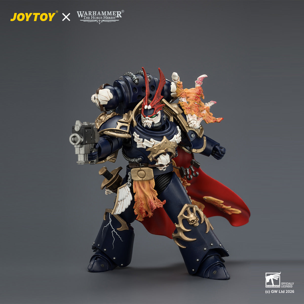 Detailed skeletal ornaments and lightning bolt patterns on Sevatar's midnight blue power armor.