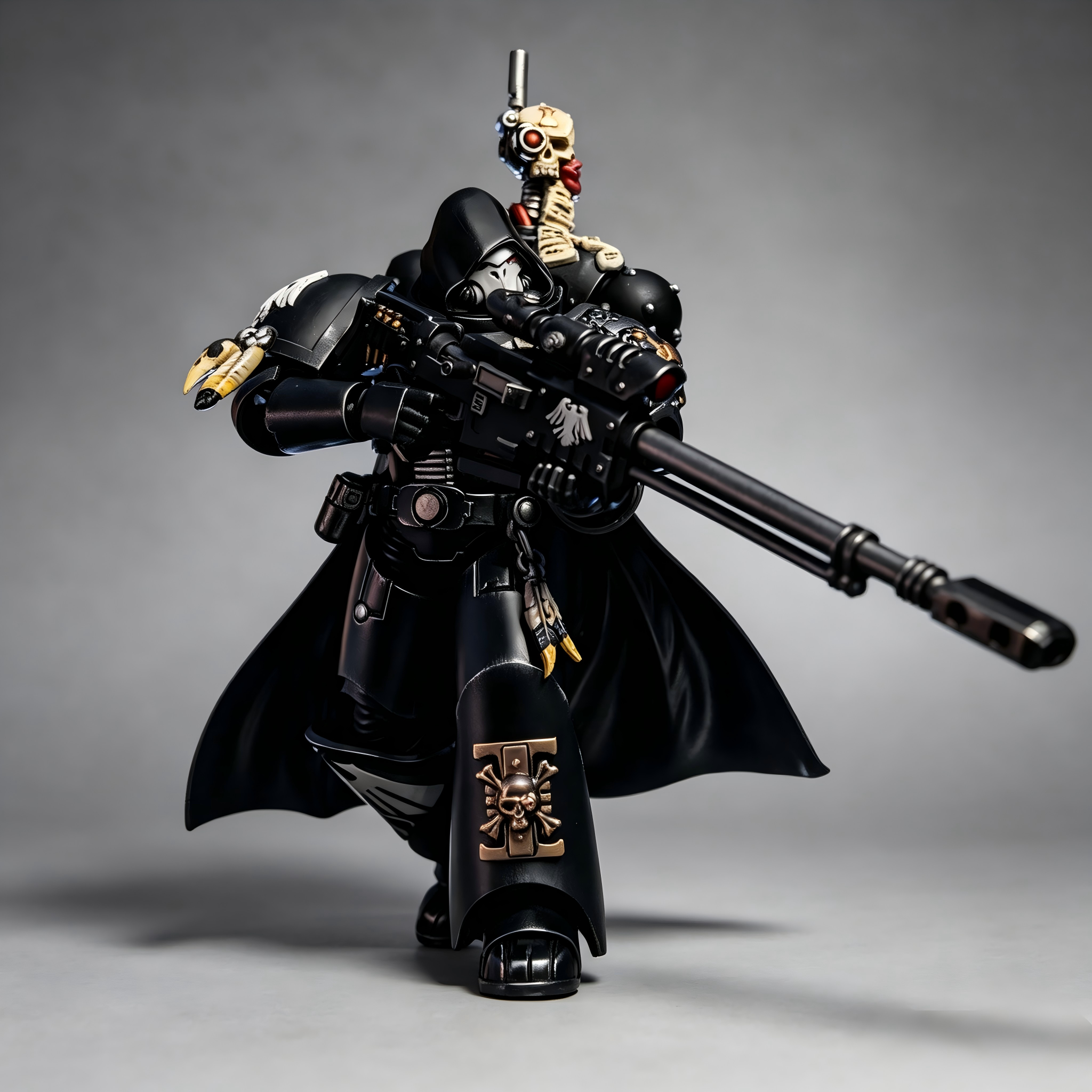 Three-quarter side angle view of the premium custom painted 1:18 scale dark sci-fi soldier figure, showcasing the intricate highlighting on the black armor plates and the unique bone charms.