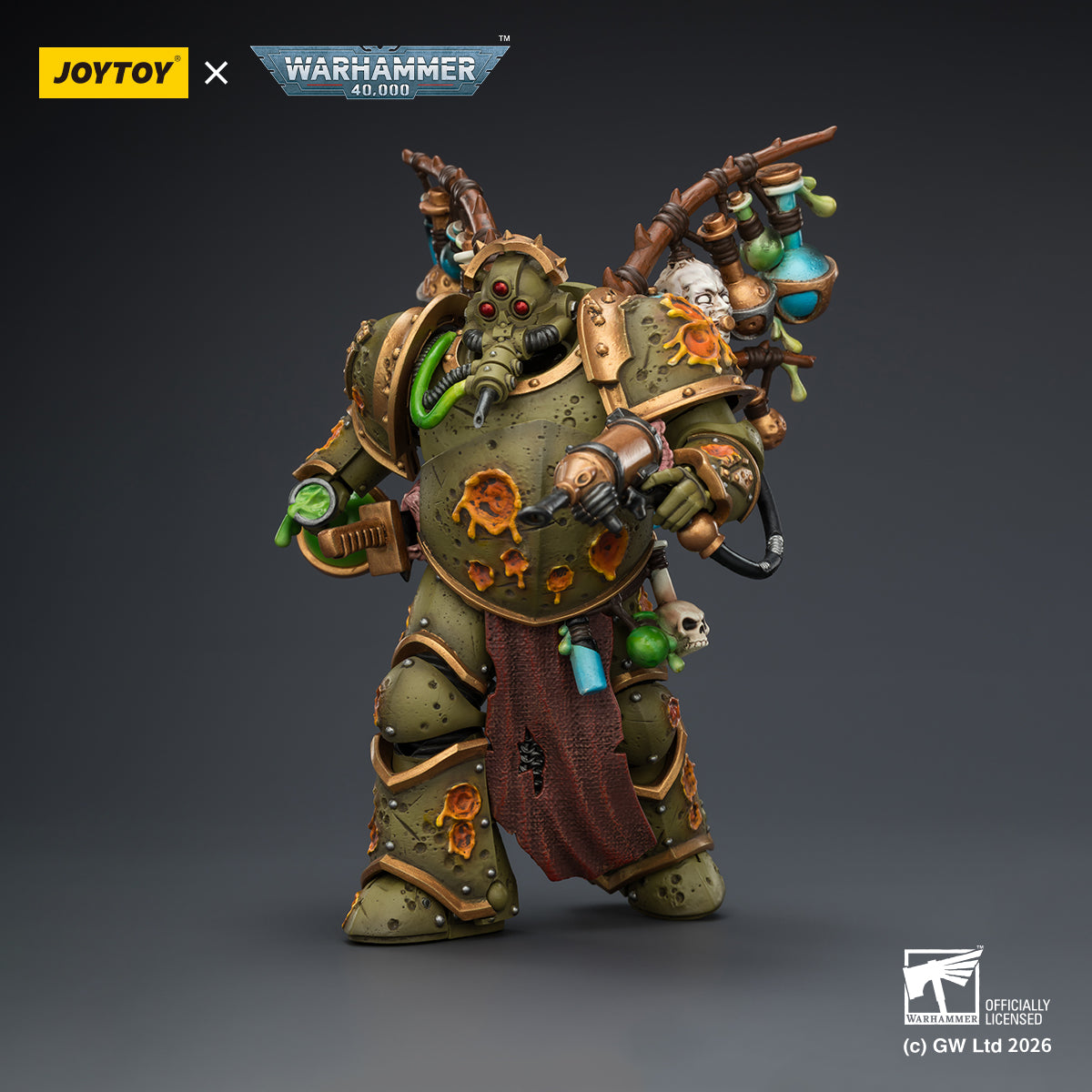 JoyToy Warhammer 40k Death Guard Biologus Putrifier with Hyper Blight Grenades, 1/18 scale Nurgle action figure.